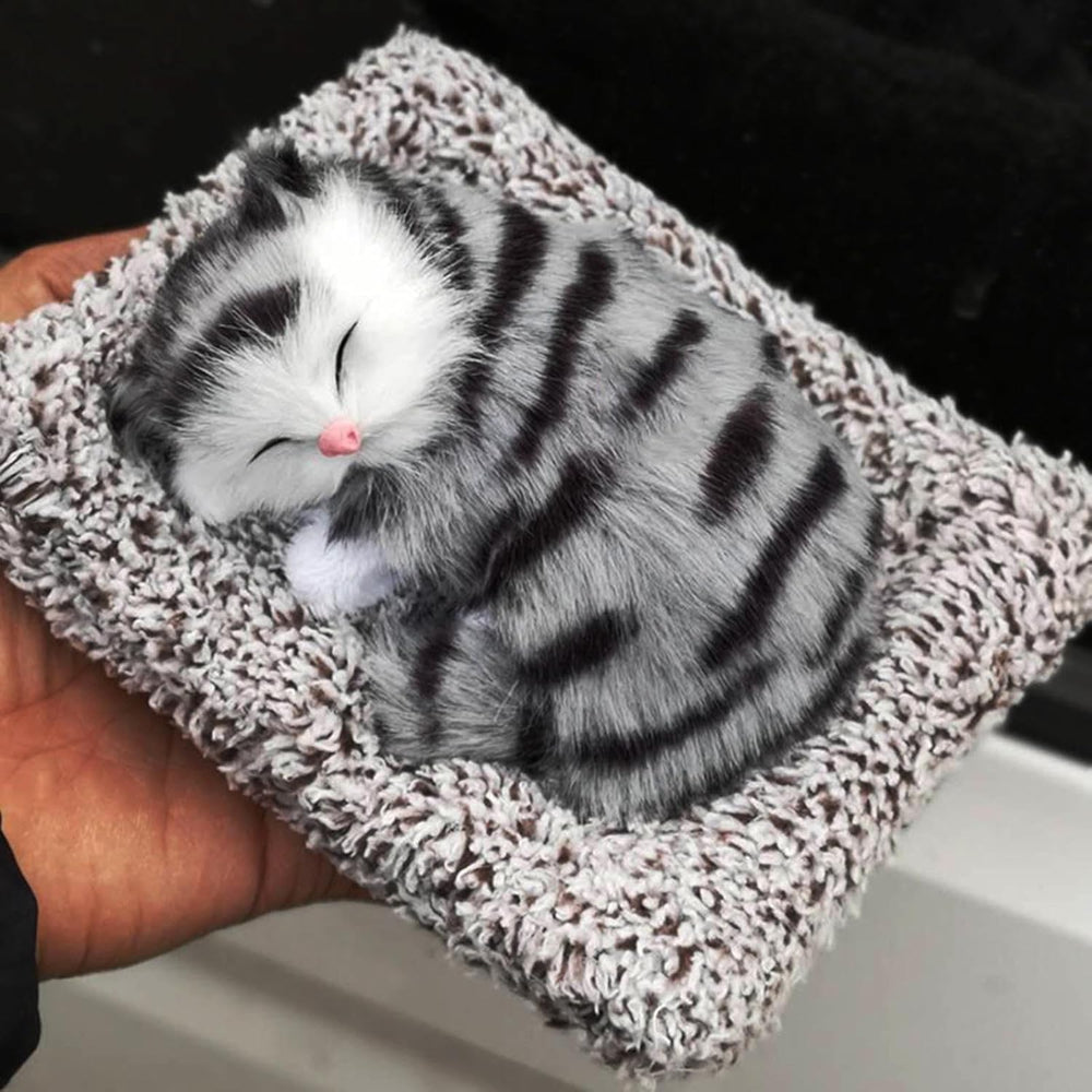 SUPER TOY Cute Sleeping Cat Plush Toy with Meow Sound, Gift for Kids Car Dashboard Accessories (Stripped Black)